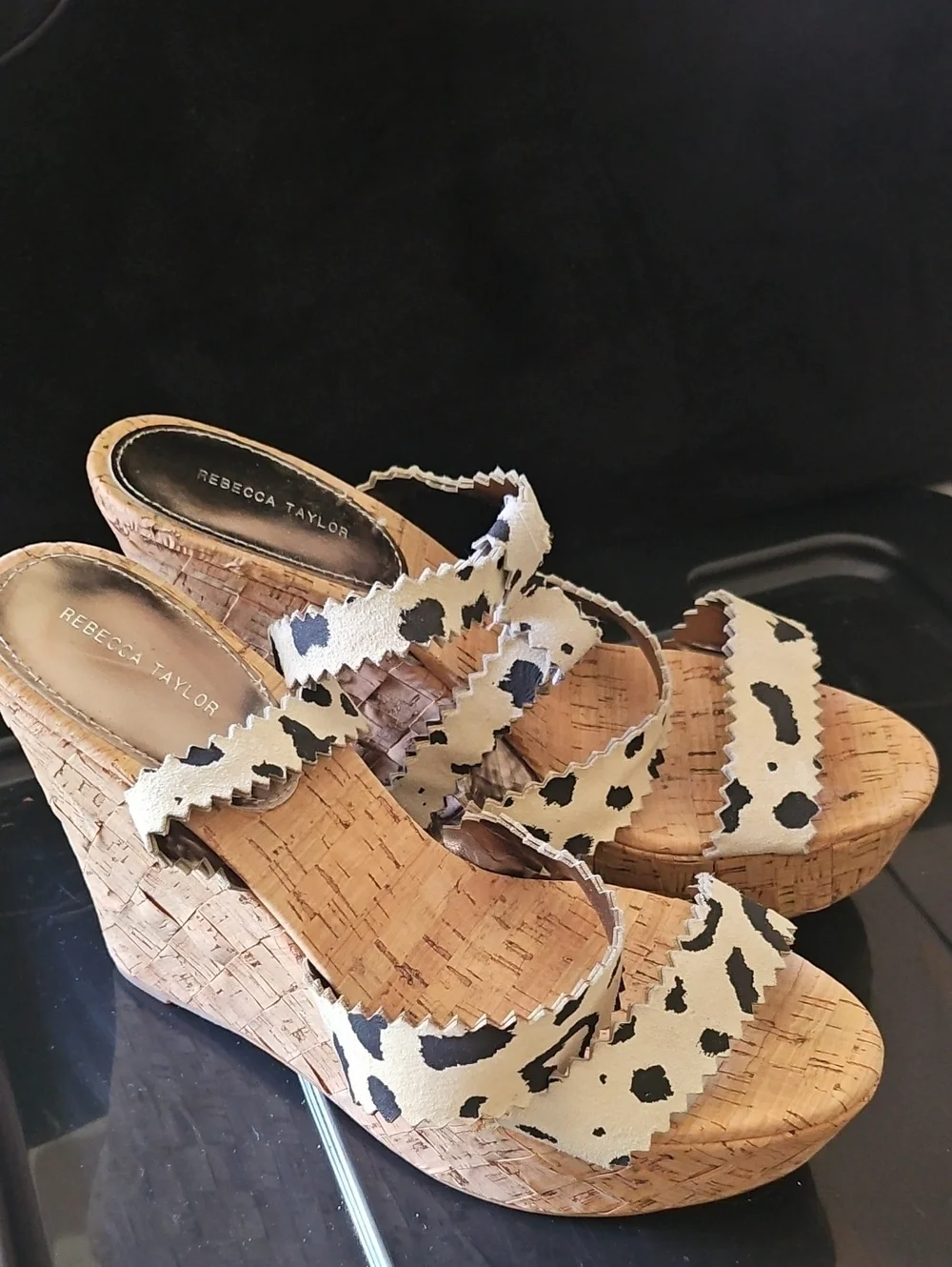 Rebecca Taylor Cork Wedge Sandals in Black & Cream